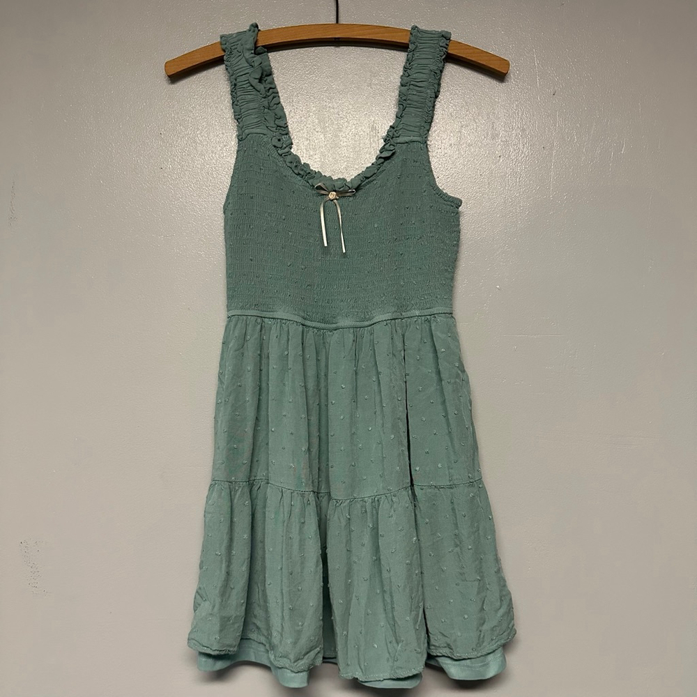Women's MINE Green Smocked Tiered Mini Dress with Bow Size medium babydoll fairy - Picture 5 of 9